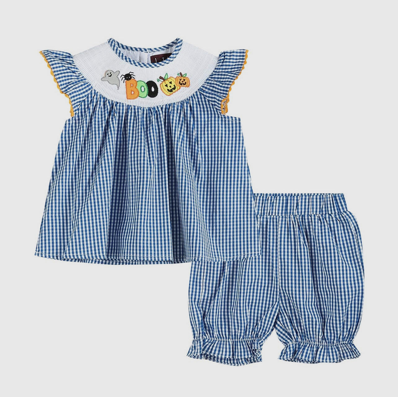 Blue ‘BOO’ Gingham Smocked Top and Bloomers Set