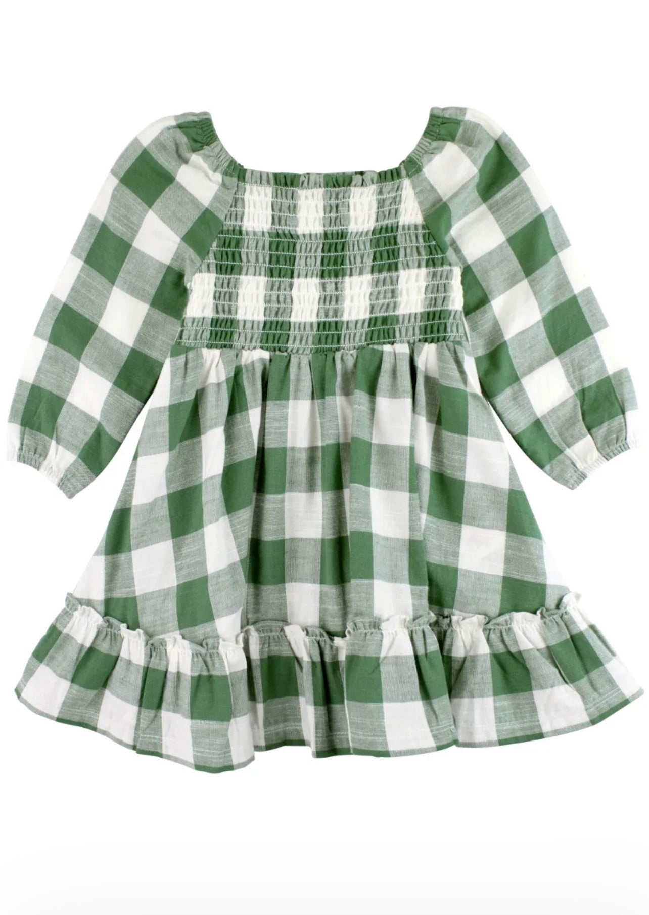 Dark Ivy Plaid Long Sleeve Smocked Ruffle Hem Dress