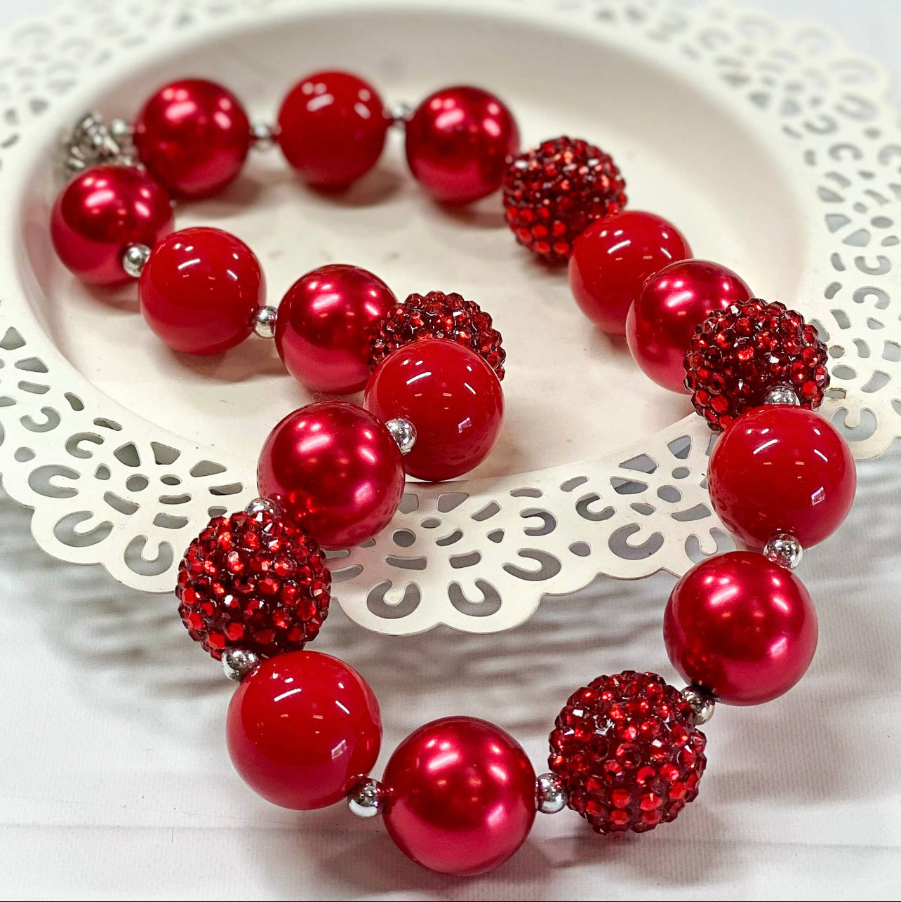 Red Rhinestone Chunky Bead Necklace