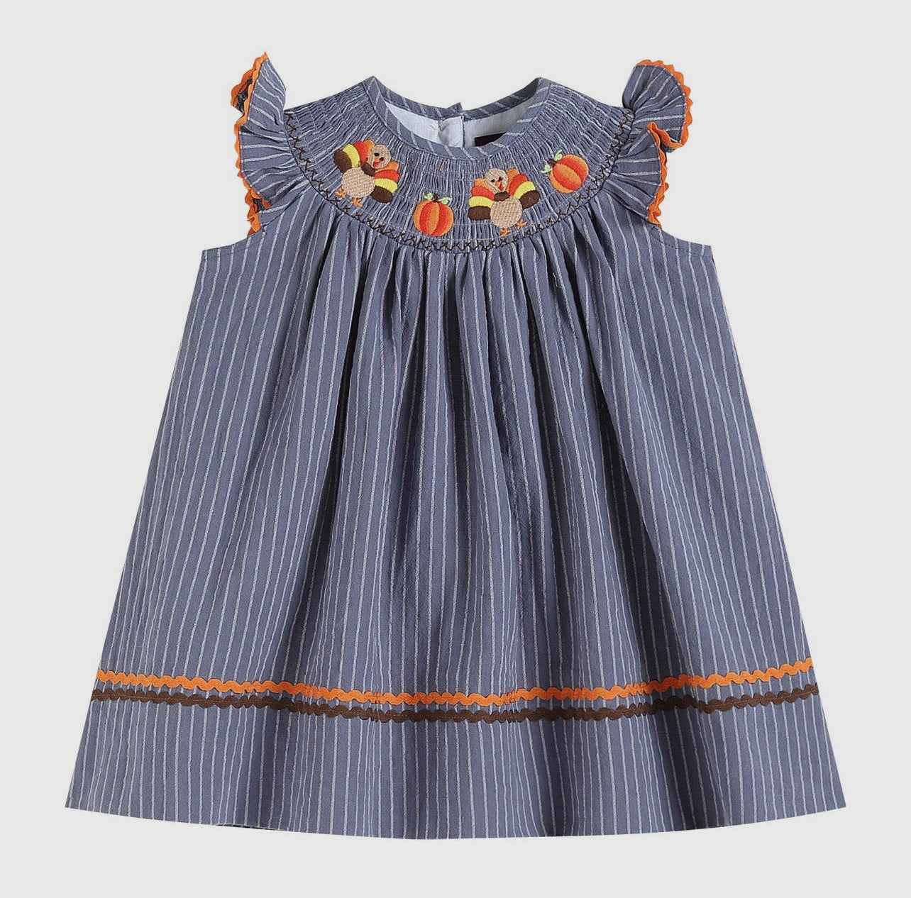 Gray Blue Smocked Turkey and Pumpkins Thanksgiving Dress