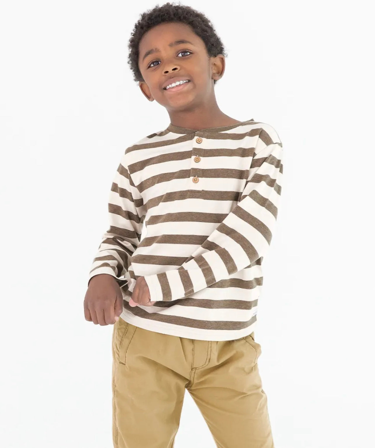 Heather Brown Stripe Knit Ling Sleeve Henley