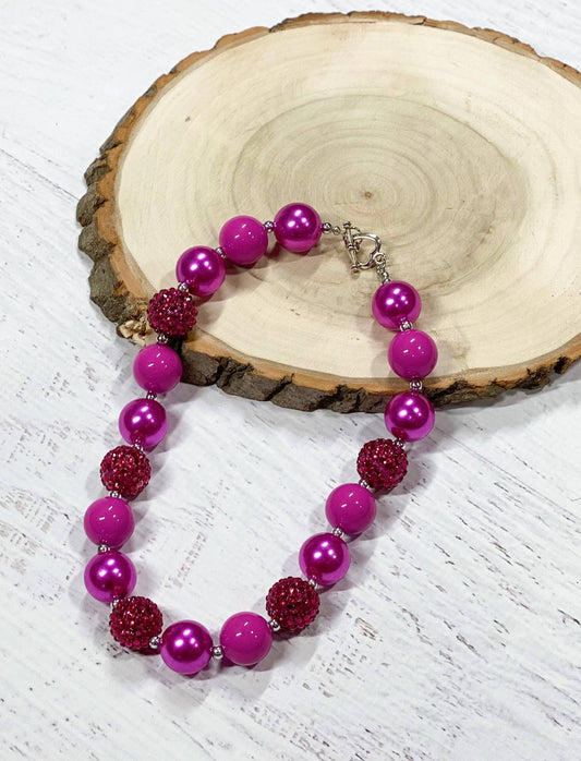 Hot Pink Rhinestone Chunky Bead Necklace