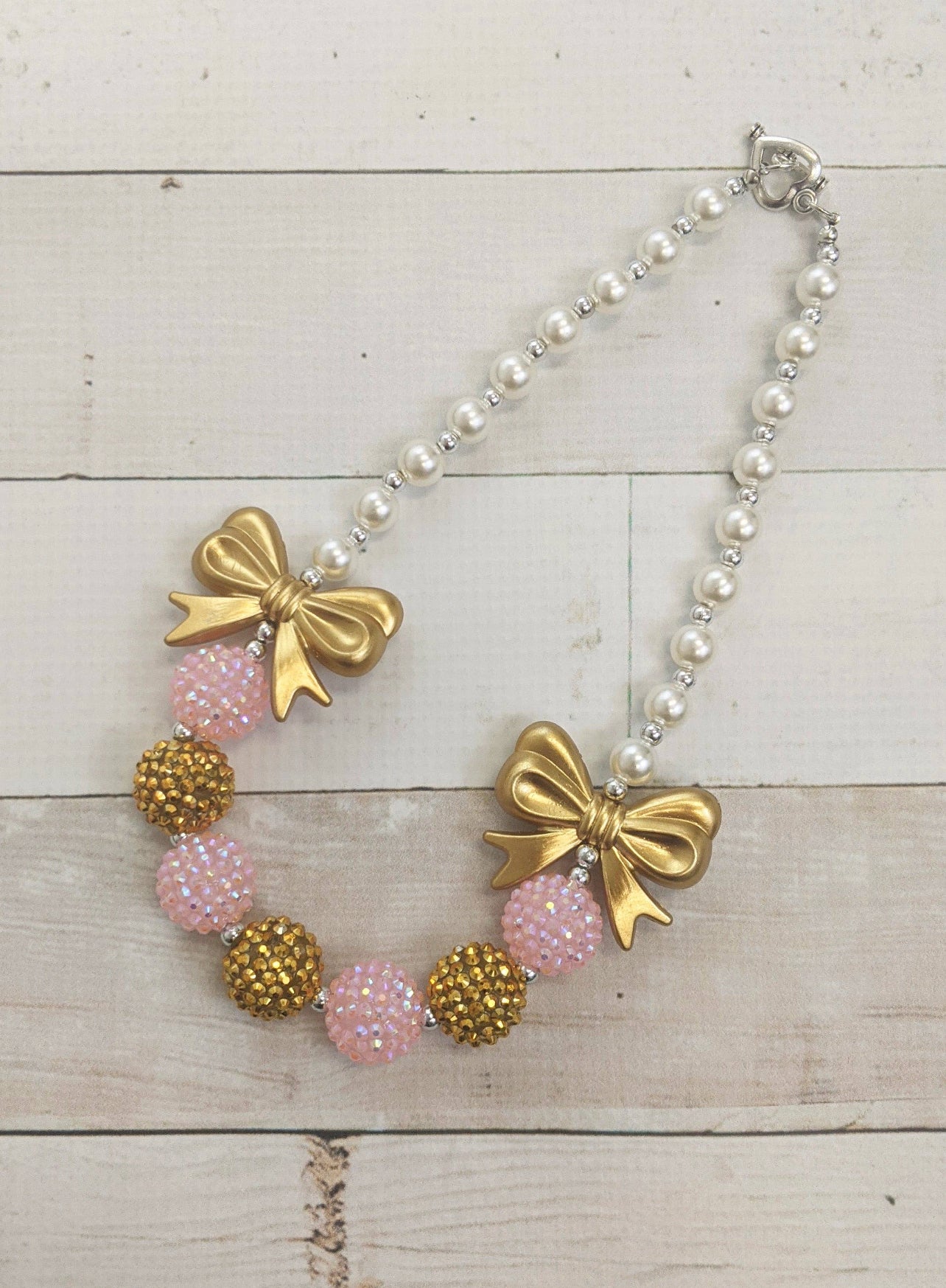 Fancy Gold Bows Pearl and Chunky Bead Necklace