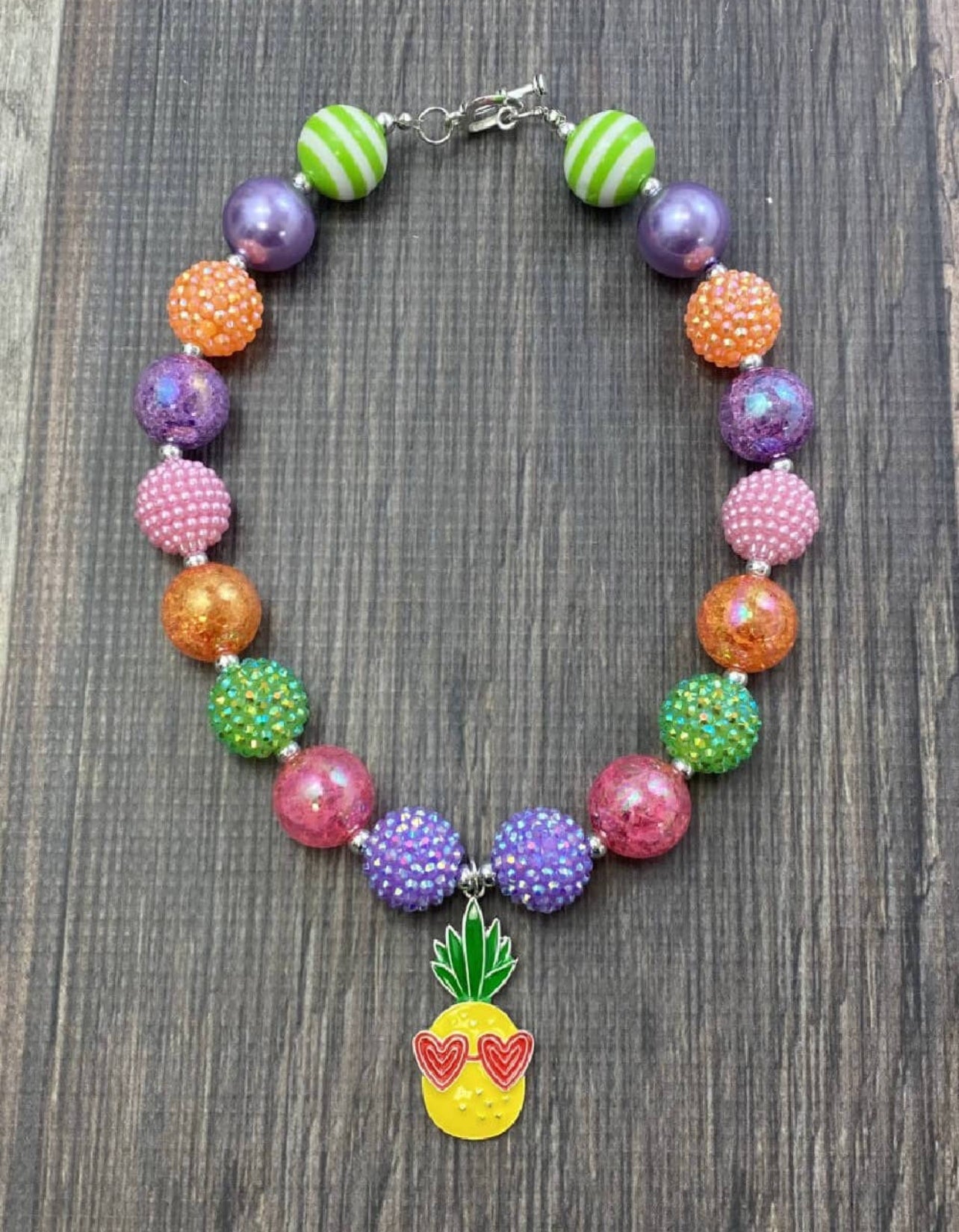 Heart Eyes Pineapple Pendant Chunky Bead Necklace