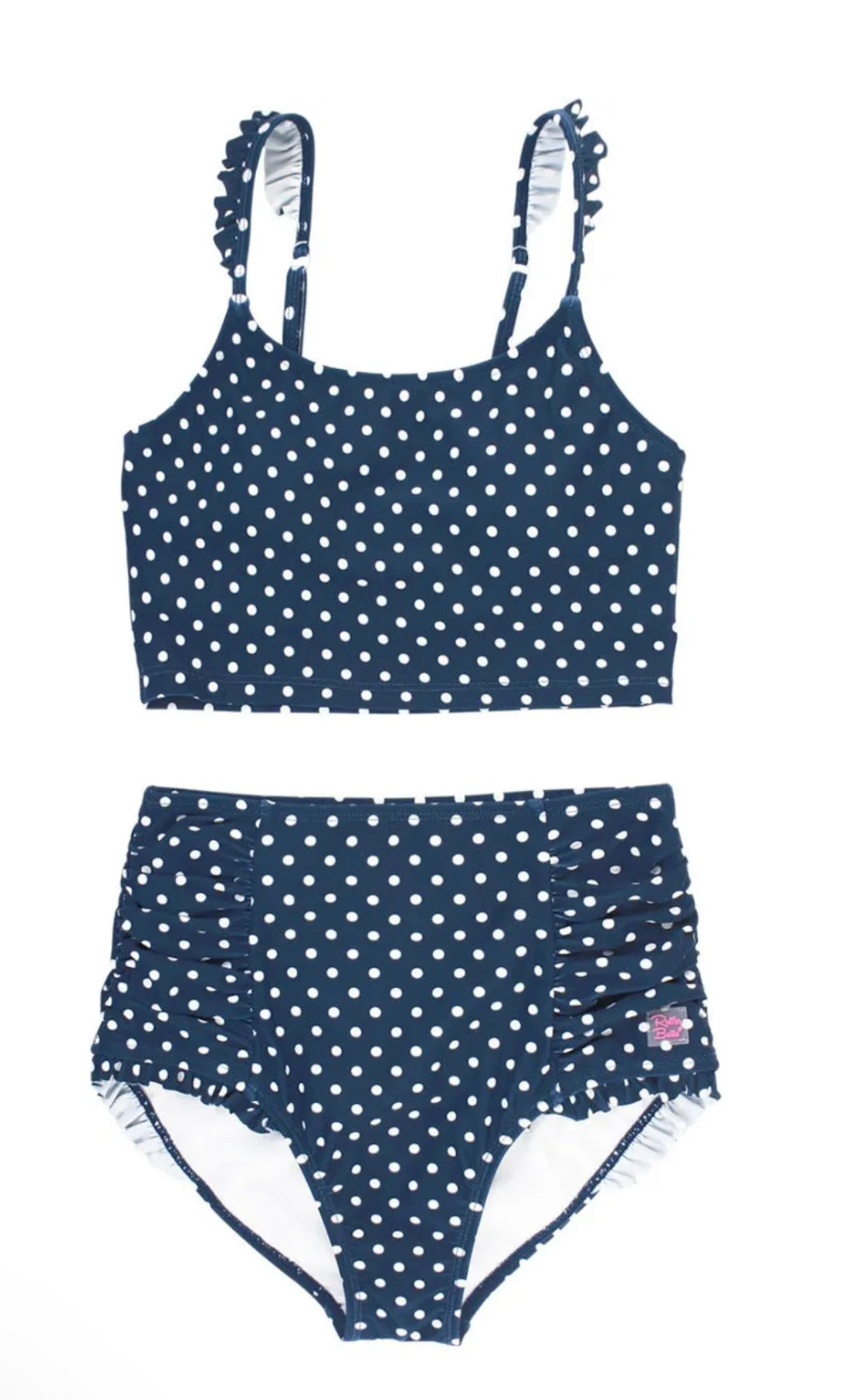 Navy Polka Tween Ruffle Strap Bikini