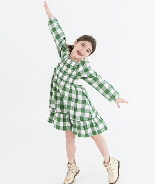 Dark Ivy Plaid Long Sleeve Smocked Ruffle Hem Dress